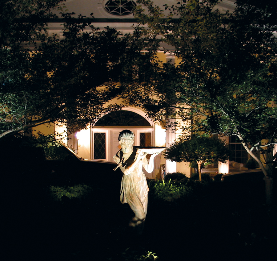 a spot light on a statue in a dark yard